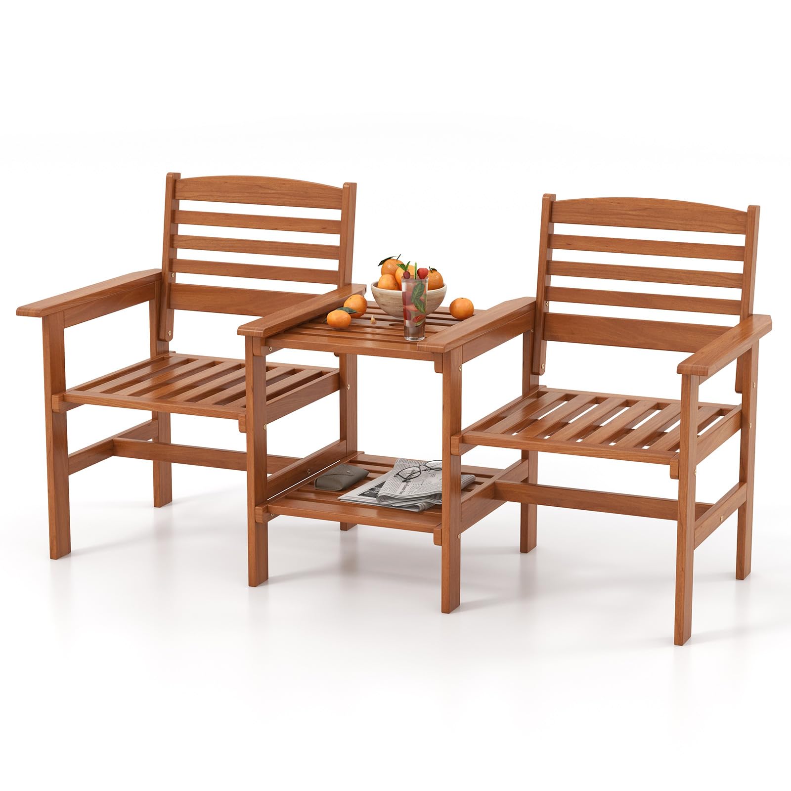 Tangkula Canapé deux places de patio extérieur avec table, ensemble de conversation en bois 2 places avec table basse et trou pour parasol